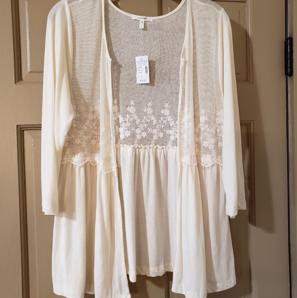 Maurices Cream Lace Cardigan, Size Large